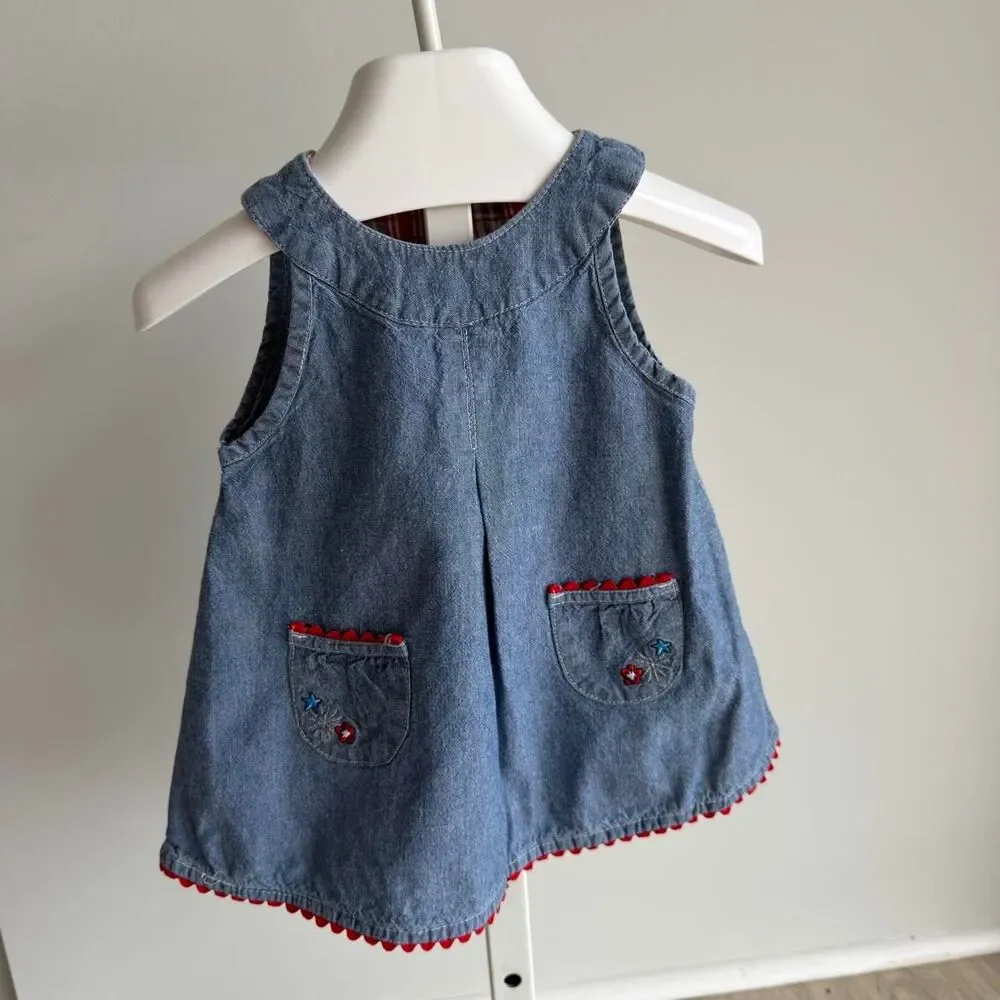 Faded Glory Y2K Baby Girls 3-6 Months Denim Sundress Embroidered Fireworks READ
